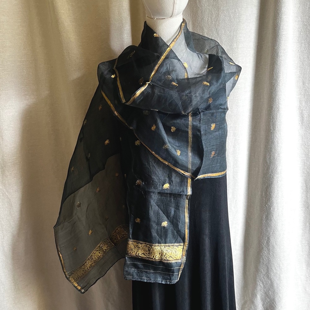 Vintage Handwoven Pure Silk Scarf Shawl Black Gold Metallic India Wrap